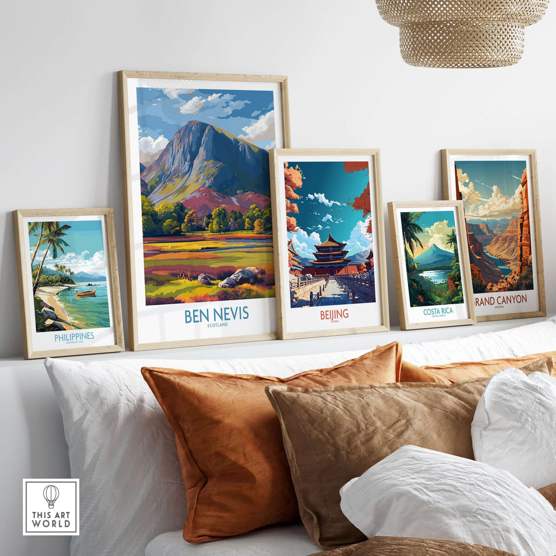 Ben Nevis wall art among travel decor featuring landscapes from various locations like the Philippines and the Grand Canyon.