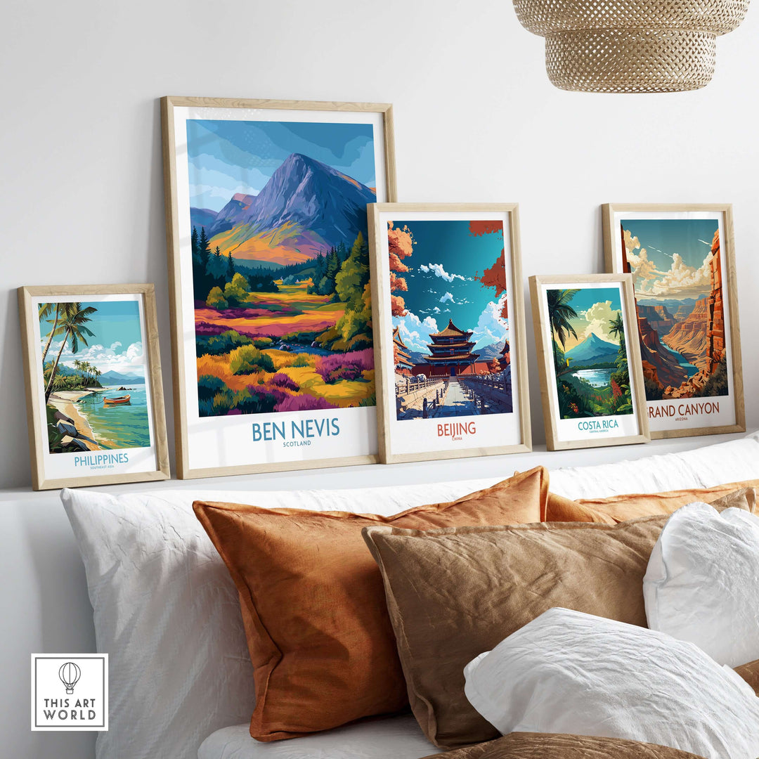 Gallery wall display of travel prints featuring Ben Nevis and other global landscapes, perfect for home decor.