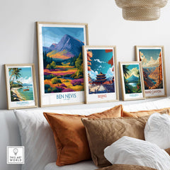 Ben Nevis Scotland Print Heather Fields Landscape - Scottish Peaks Illustration displayed with other travel art prints.