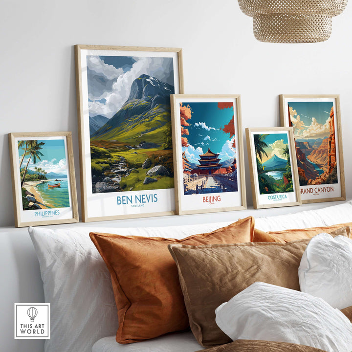 Ben Nevis Scotland wall art among other travel decor posters showcasing global landscapes and nature scenes.