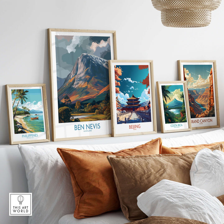 Framed prints of iconic landscapes including Ben Nevis, Philippines, Beijing, and Grand Canyon in a stylish interior setting.