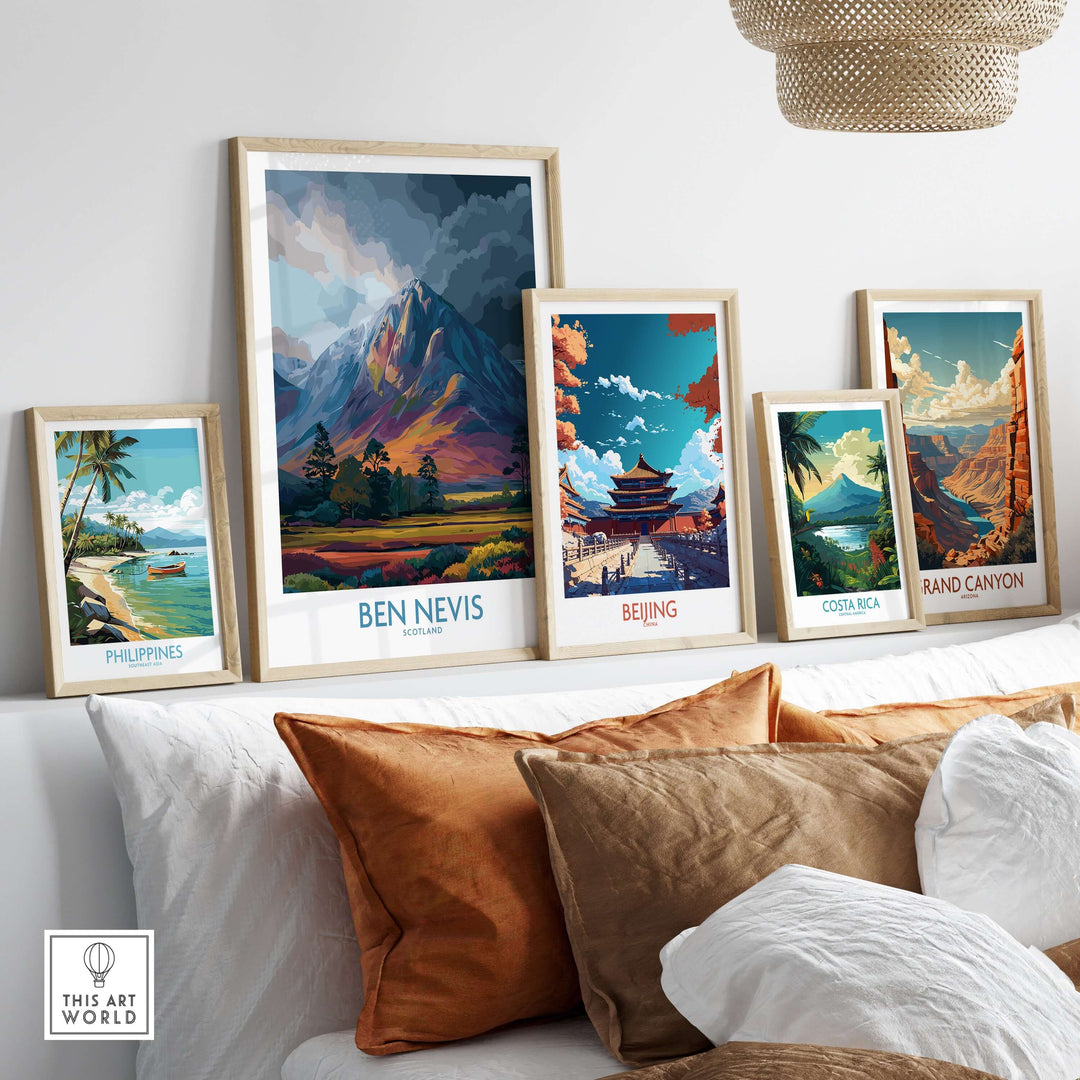 Gallery wall of travel posters including Ben Nevis, showcasing scenic landscapes and vibrant designs.