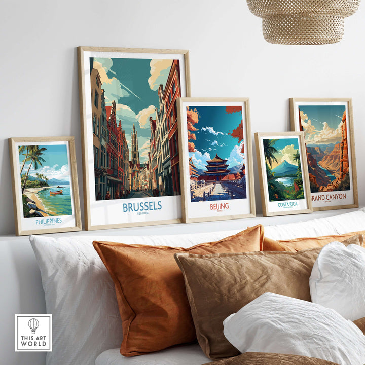 Brussels Belgium Gothic Architecture print among travel posters featuring Philippines, Beijing, Costa Rica, and Grand Canyon.