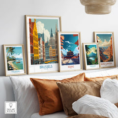 Brussels Wall Art - Belgium Historic Buildings Print displayed among other vibrant travel-themed prints.