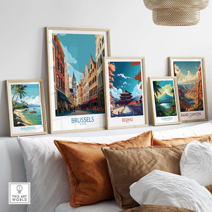 Brussels wall art print displayed with other travel prints in a stylish living room interior.