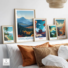 Catskill Mountains New York Blue Mountains Fall Poster - New York State Nature Decor displayed among various travel posters.