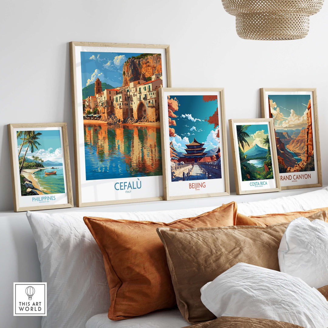 Decorative travel posters featuring Cefalù, Philippines, Beijing, Costa Rica, and Grand Canyon on a stylish shelf.