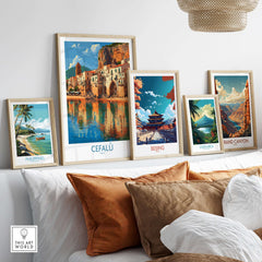 Cefalù Italy Mediterranean Beach Poster - Historic Seaside Travel Print displayed among travel posters on a stylish wall.