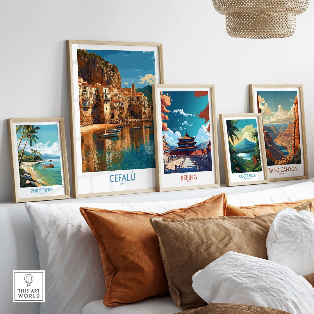Cefalù wall art among framed prints, showcasing picturesque Italian coastal town decor.