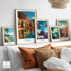 Cefalù Italy Wall Art - Picturesque Italian Town Decor showcased in a stylish home setting with other travel prints.