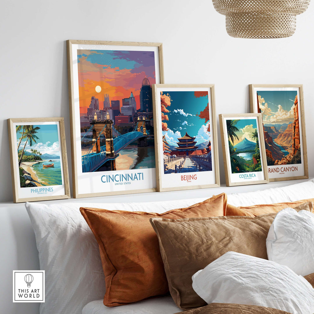 Cincinnati Ohio Downtown cityscape print among travel decor featuring art from Philippines, Beijing, Costa Rica, and Grand Canyon.