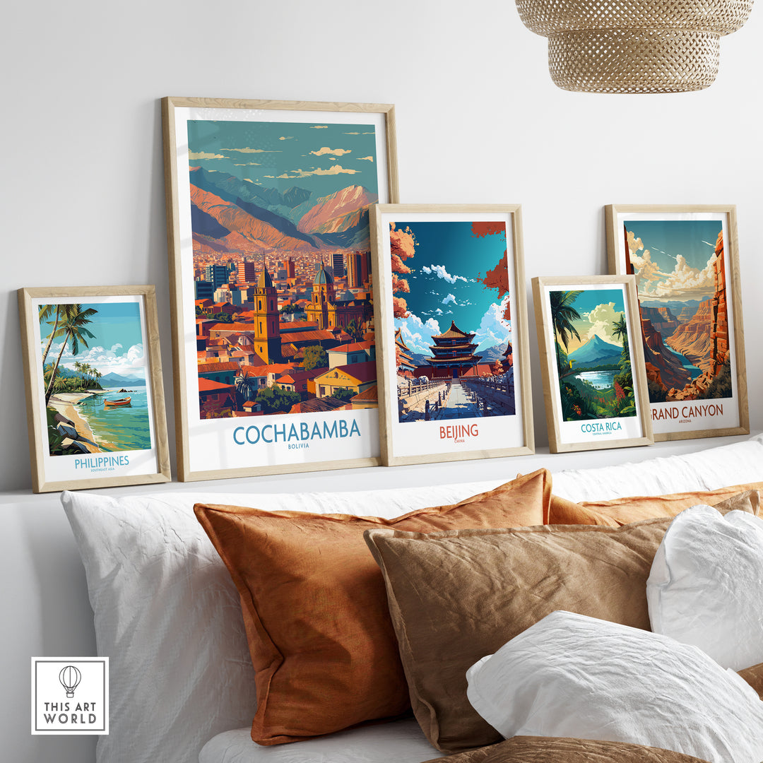 Cochabamba Bolivia wall art print displayed with other travel-themed artworks, showcasing urban and natural beauty.