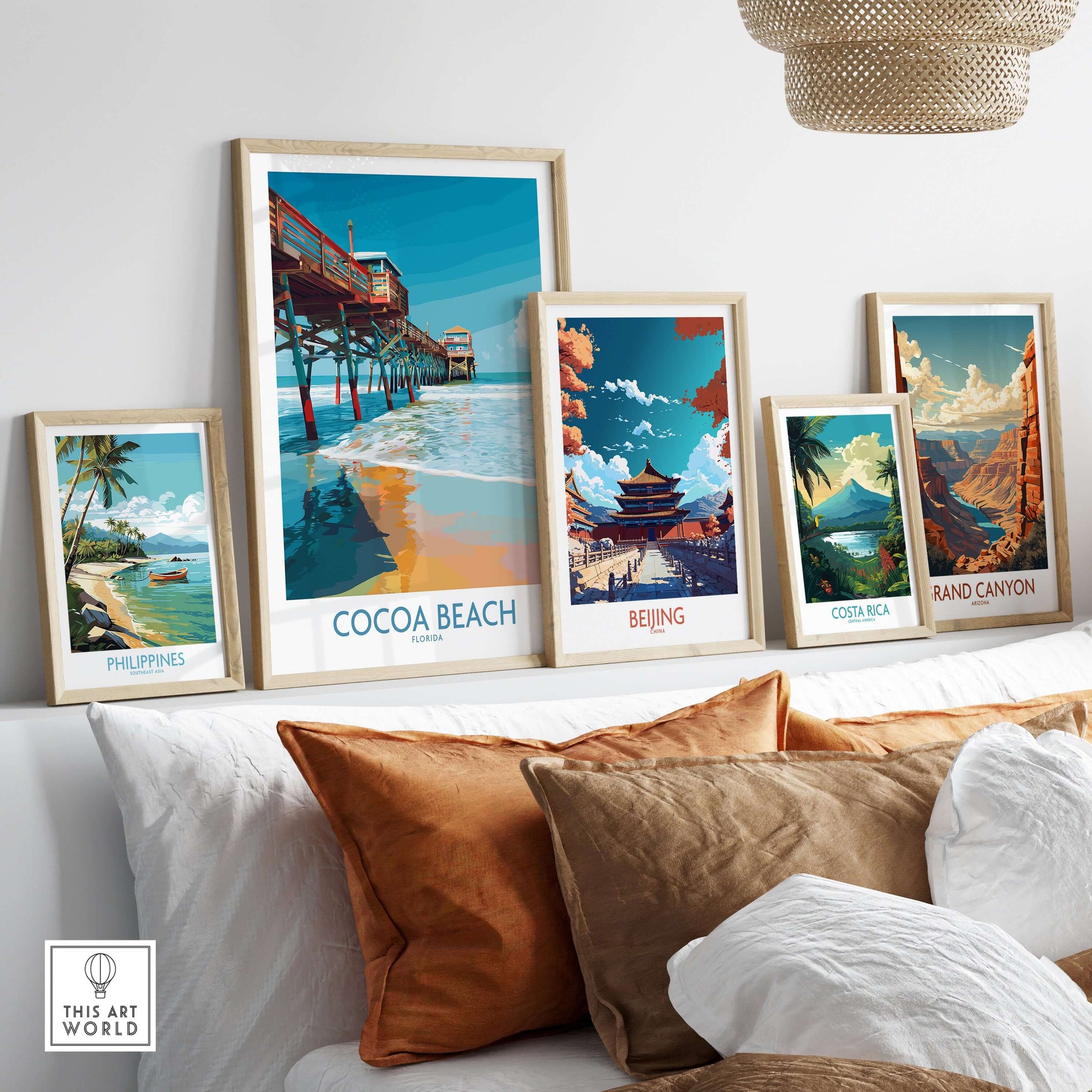 Cocoa Beach Pier Poster - Florida Beach Travel Decor displayed among travel posters in a cozy living room setting.
