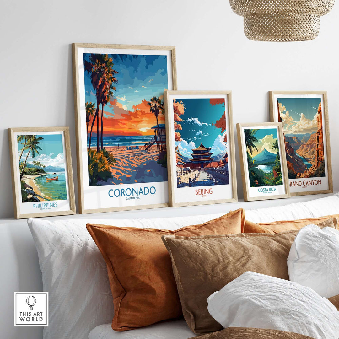 Framed prints of Coronado, Philippines, Beijing, Costa Rica, and Grand Canyon displayed above a cozy sofa with decorative pillows.