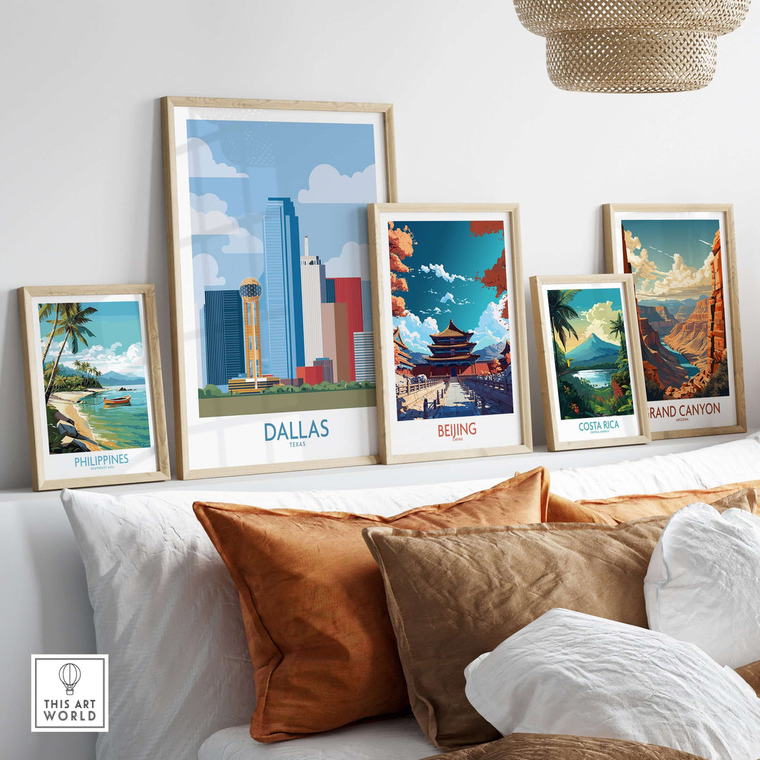 Dallas cityscape poster among framed travel art from Philippines, Beijing, Costa Rica, and Grand Canyon on a cozy sofa.