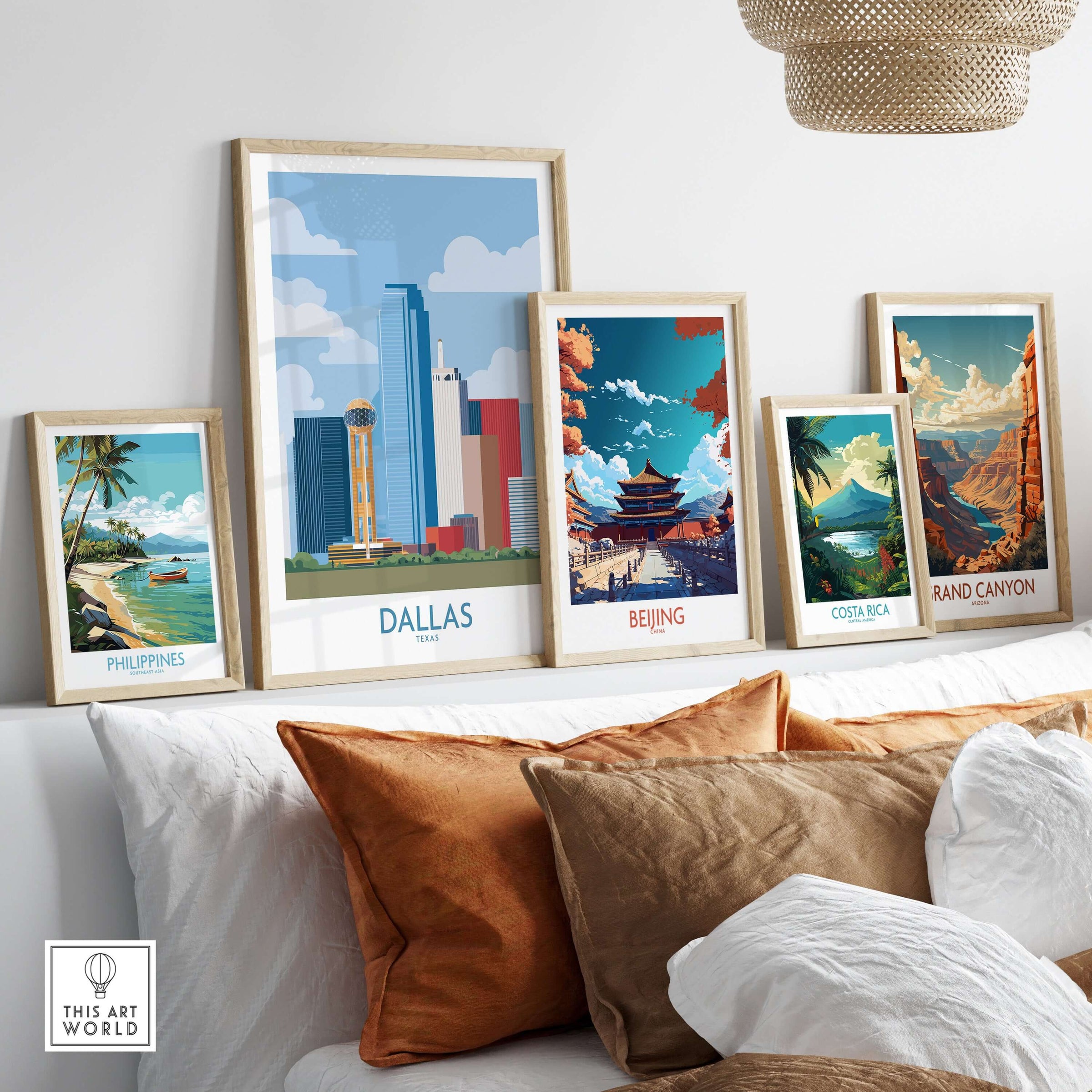 Dallas Cityscape Poster - Texas Travel Wall Art Decor displayed among other travel posters on a stylish wall.
