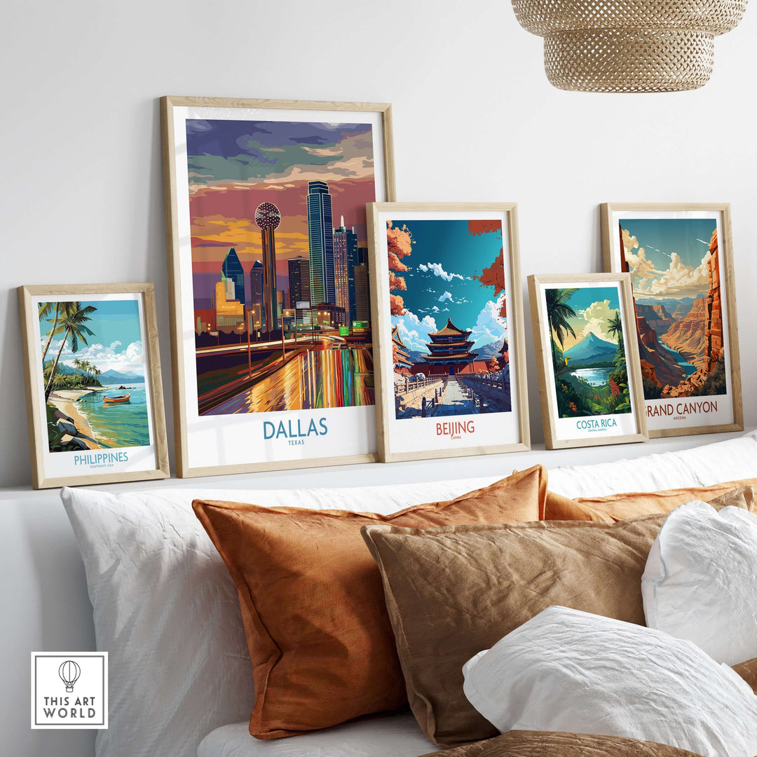Framed wall art showcasing Dallas, Beijing, Costa Rica, Grand Canyon, and Philippines for stylish home decor.