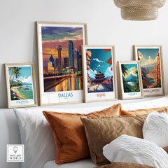 Dallas Downtown at Dusk Wall Art - Texas Urban Decor displayed among other vibrant city prints.