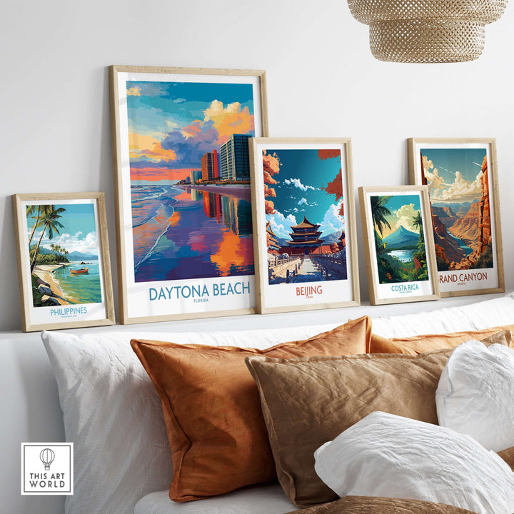 Daytona Beach Florida Oceanfront Reflections poster displayed with travel-themed artworks on a cozy sofa.
