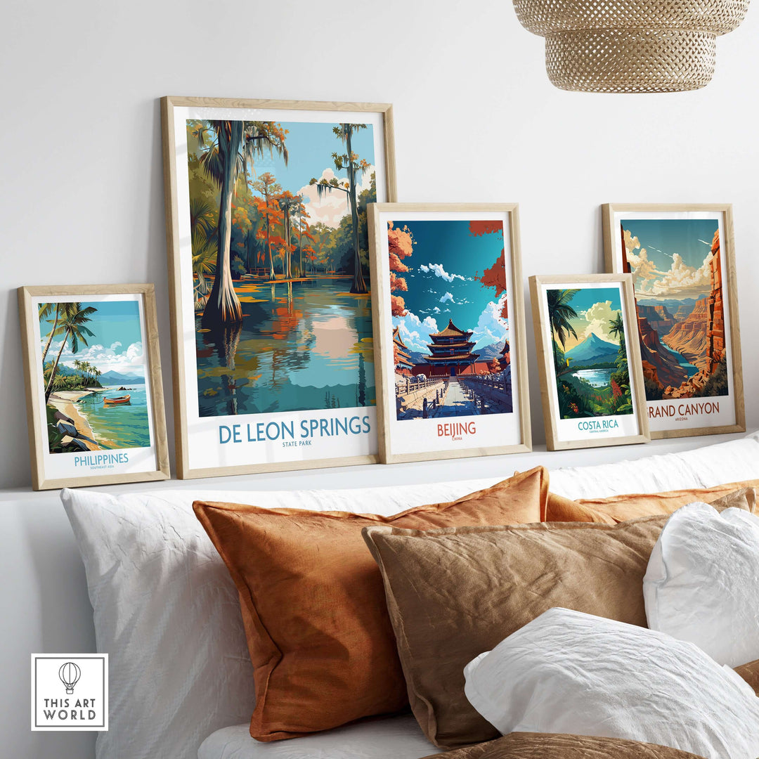 Gallery of framed landscape prints including De Leon Springs Cypress Trees, showcasing serene nature decor.