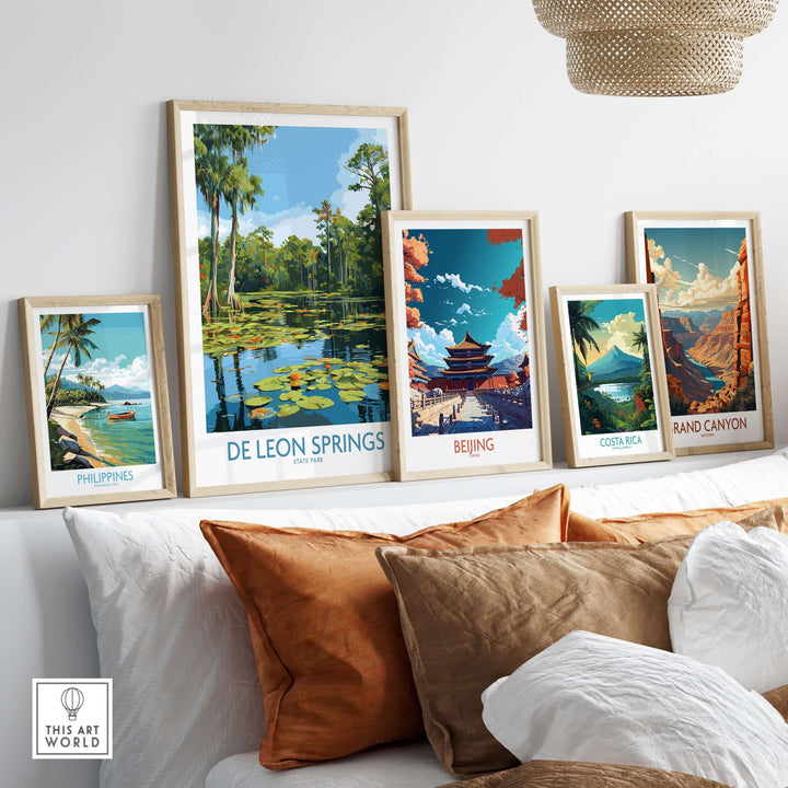 De Leon Springs Green Lily Pond poster among framed travel art on display, showcasing serene nature and adventure.