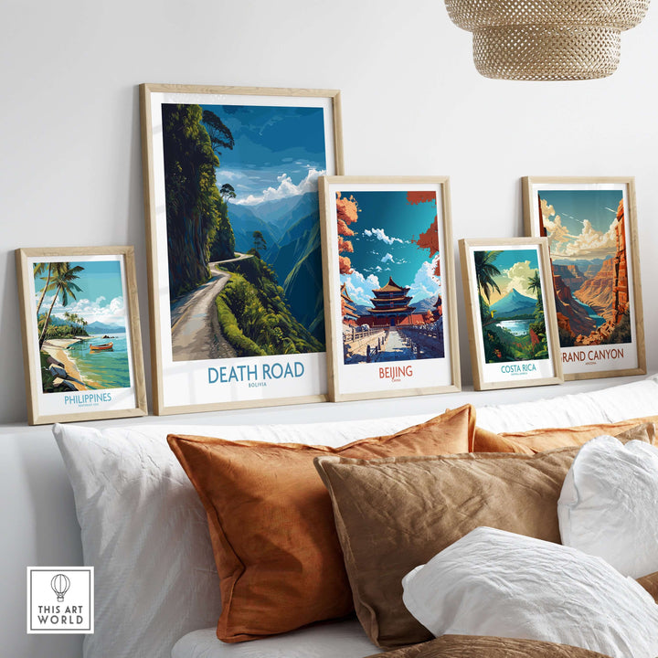 Death Road Bolivia Mountain Art Print | Yungas Camino Poster displayed among other travel-themed art prints.