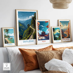 Death Road Bolivia Art Print | Yungas Road Poster displayed among travel-inspired art prints on a stylish wall.