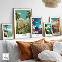 Dhaka Bangladesh Cityscape Wall Art - Urban Bangladesh Artwork displayed among other travel art pieces on a stylish sofa.