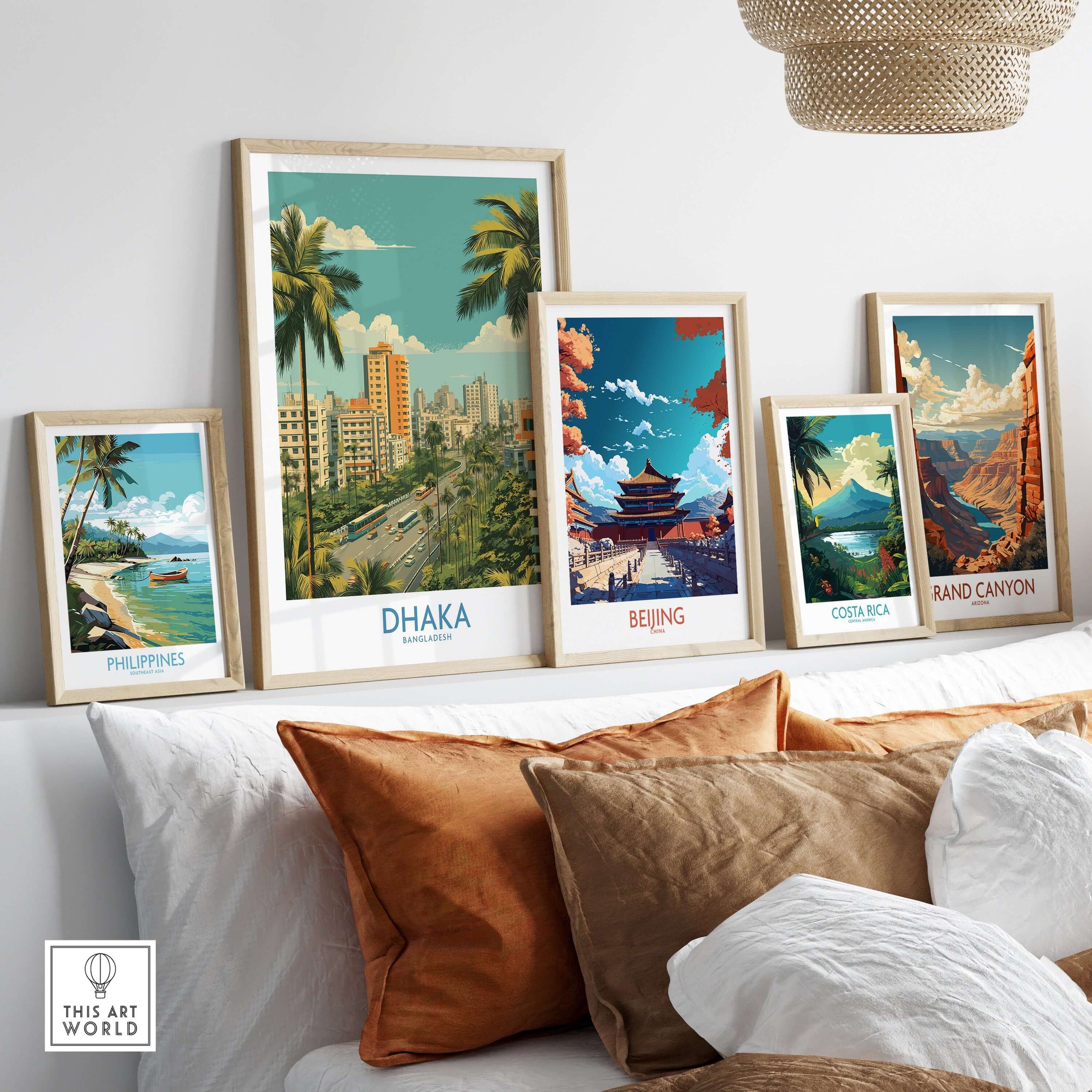 Dhaka Bangladesh Cityscape Wall Art - Urban Bangladesh Artwork displayed among other travel art pieces on a stylish sofa.