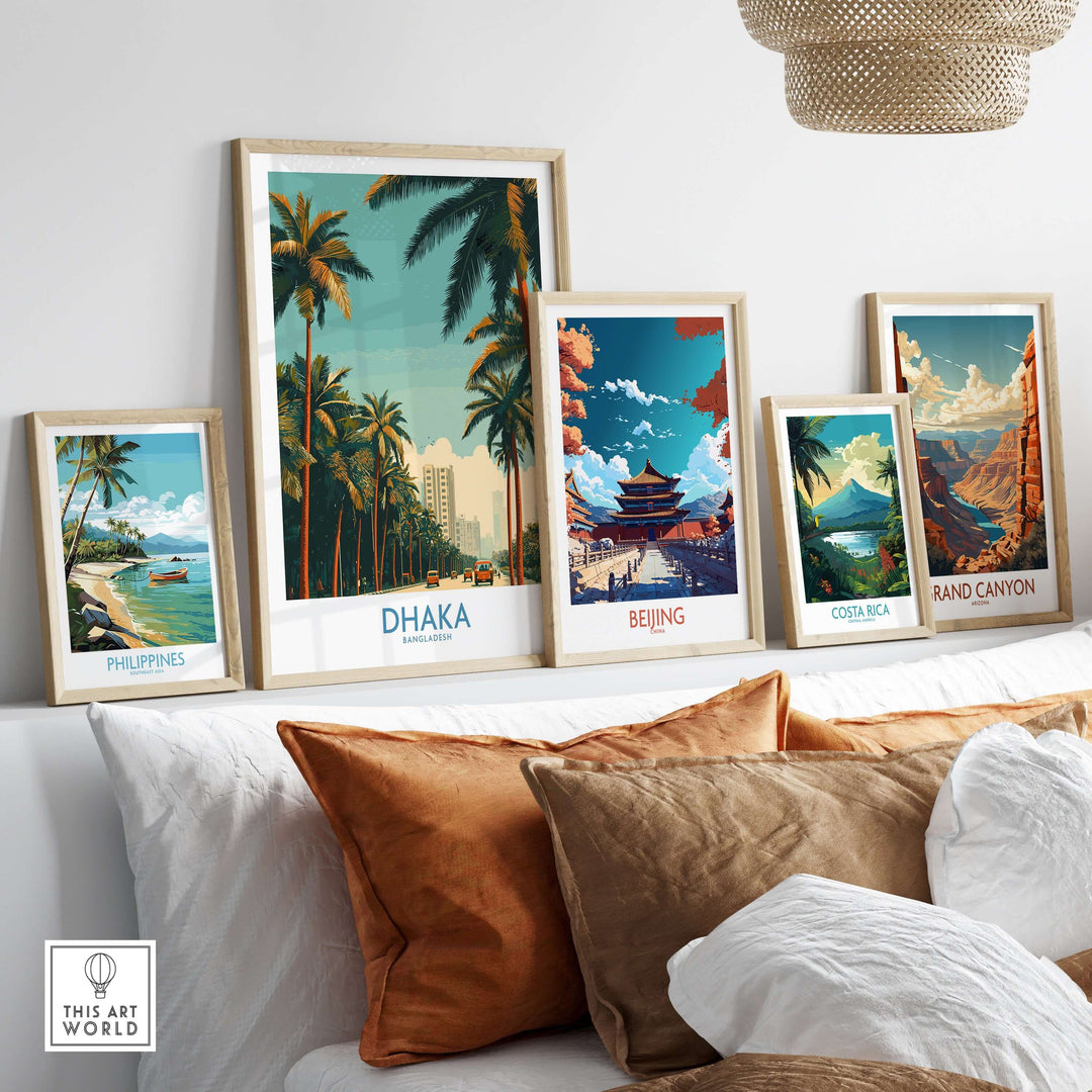 Stylish art display featuring Dhaka poster along with travel-themed prints from Philippines, Beijing, Costa Rica, and Grand Canyon.