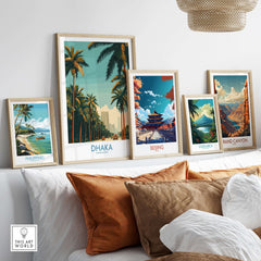 Dhaka Bangladesh Poster - Bangladeshi Travel Scene displayed among travel posters on a stylish living room wall.