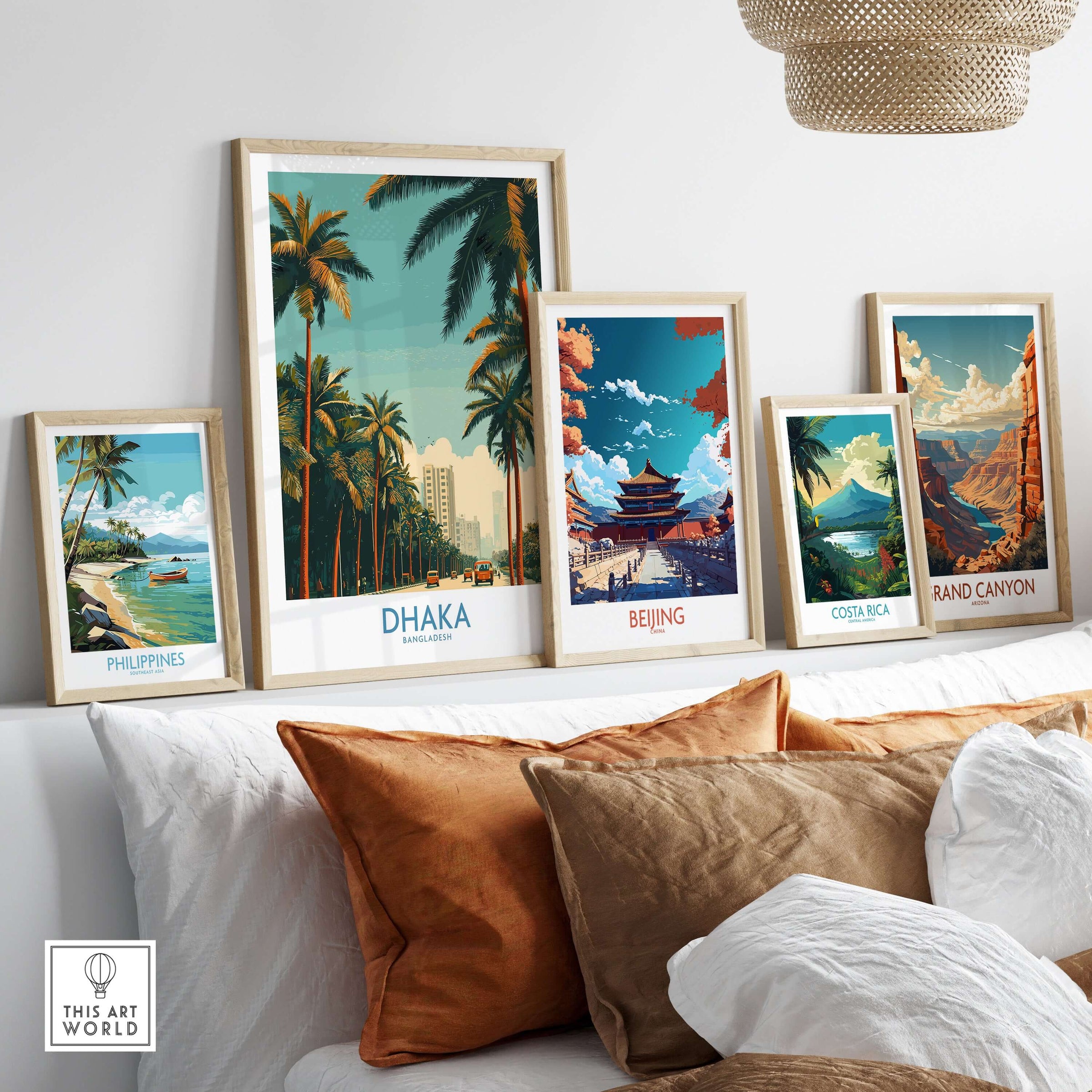 Dhaka Bangladesh Poster - Bangladeshi Travel Scene displayed among travel posters on a stylish living room wall.