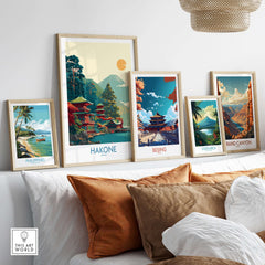 Hakone Japan Lake Ashi Temple Print - Japanese Pagoda Wall Art displayed among other travel-themed prints.