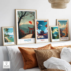 Hakone Japan Peace Gate Shrine Wall Art - Autumn Cherry Blossom Decor displayed with other travel art.