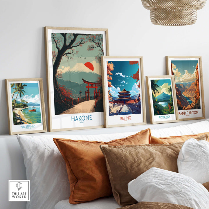 Framed wall art featuring Hakone Peace Gate, Beijing, Costa Rica, Grand Canyon, and Philippines decor.