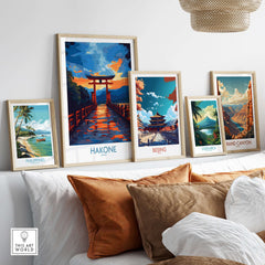 Hakone Wall Art - Japan Travel Poster featured in a stylish home décor setting with other travel posters.