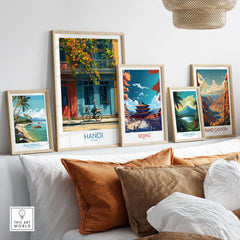 Hanoi Poster - Vietnam Wall Art featuring vibrant artwork displayed on a chic wall arrangement with other travel-themed prints.