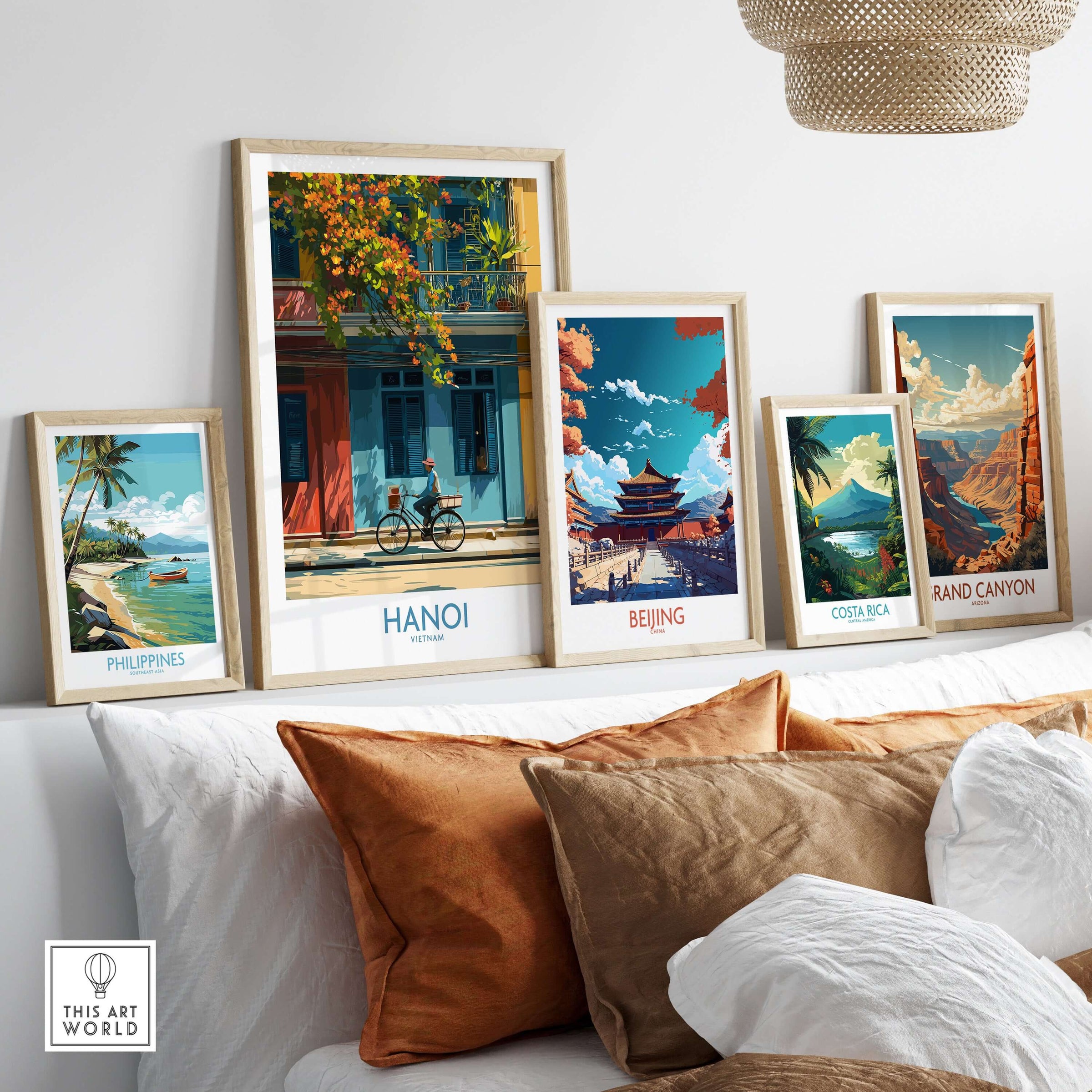 Hanoi Poster - Vietnam Wall Art featuring vibrant artwork displayed on a chic wall arrangement with other travel-themed prints.
