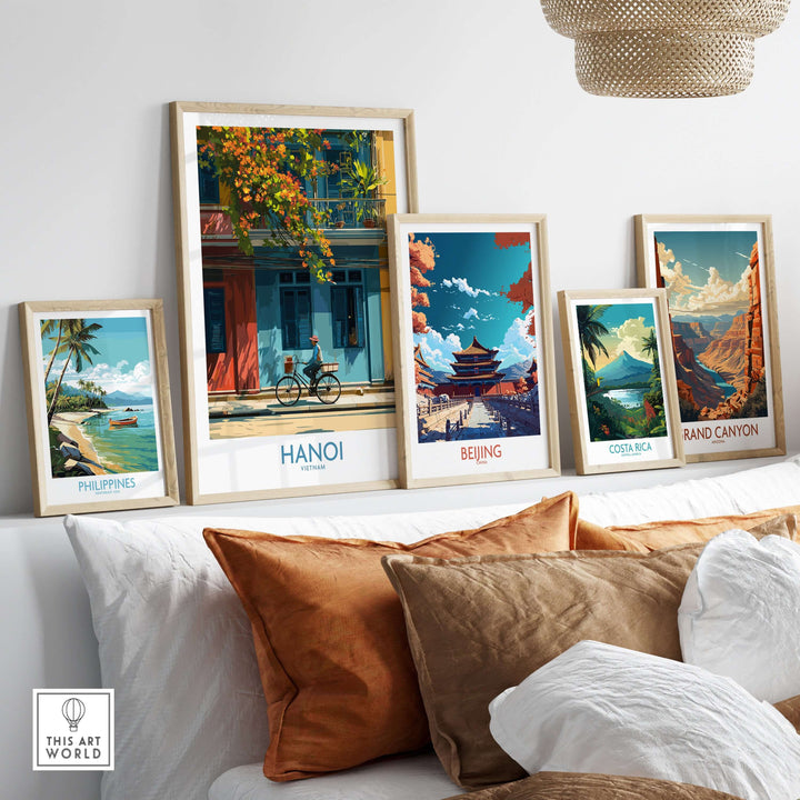 Hanoi poster framed among other vibrant travel wall art pieces, showcasing beautiful destinations.