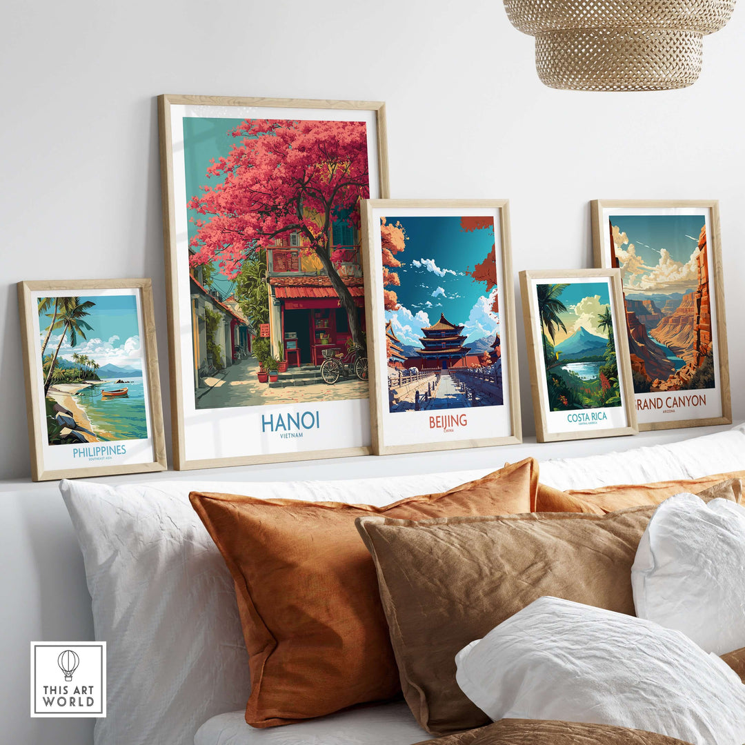 Decorative poster set featuring Hanoi and other cities, showcasing vibrant art and culture in a stylish home setting.