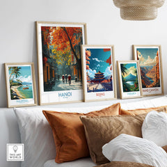 Hanoi Wall Art Vietnam Old Quarter - Traditional Vietnamese Life displayed on a modern wall above decorative pillows.