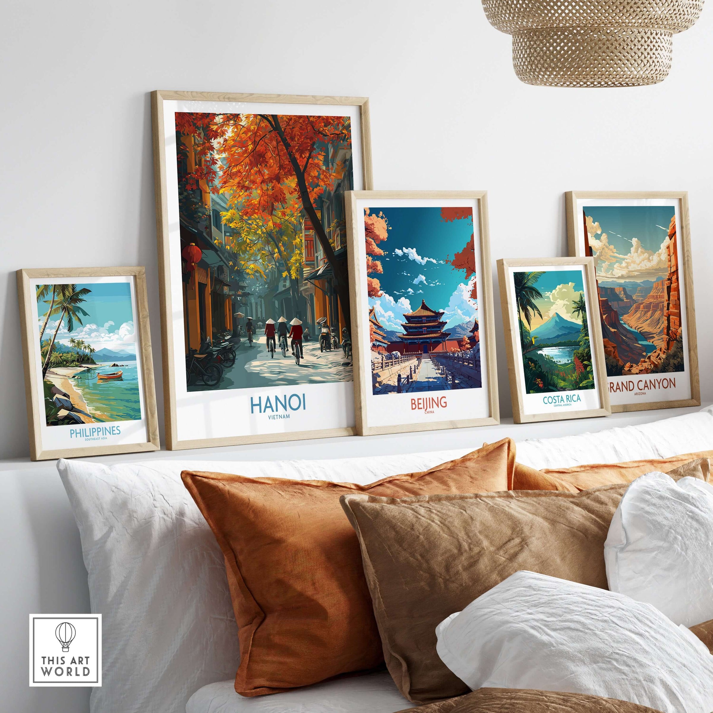 Hanoi Wall Art Vietnam Old Quarter - Traditional Vietnamese Life displayed on a modern wall above decorative pillows.