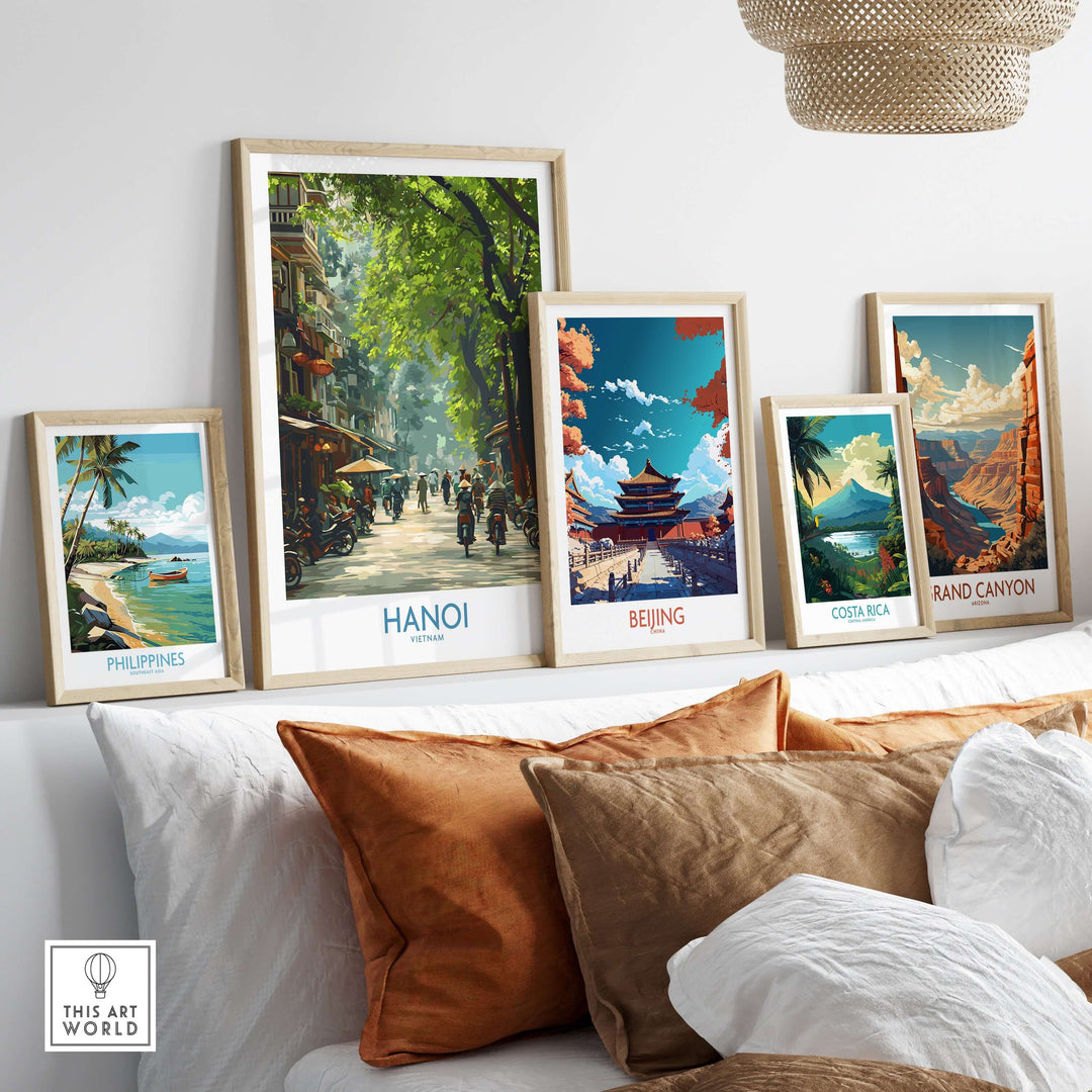 Hanoi Vietnam street wall art poster displayed with other travel-themed art, showcasing vibrant decor for wanderlust inspiration.