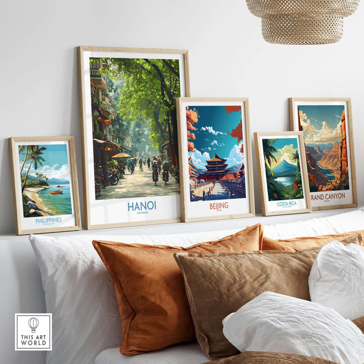Hanoi Vietnam street wall art poster displayed with other travel-themed art, showcasing vibrant decor for wanderlust inspiration.