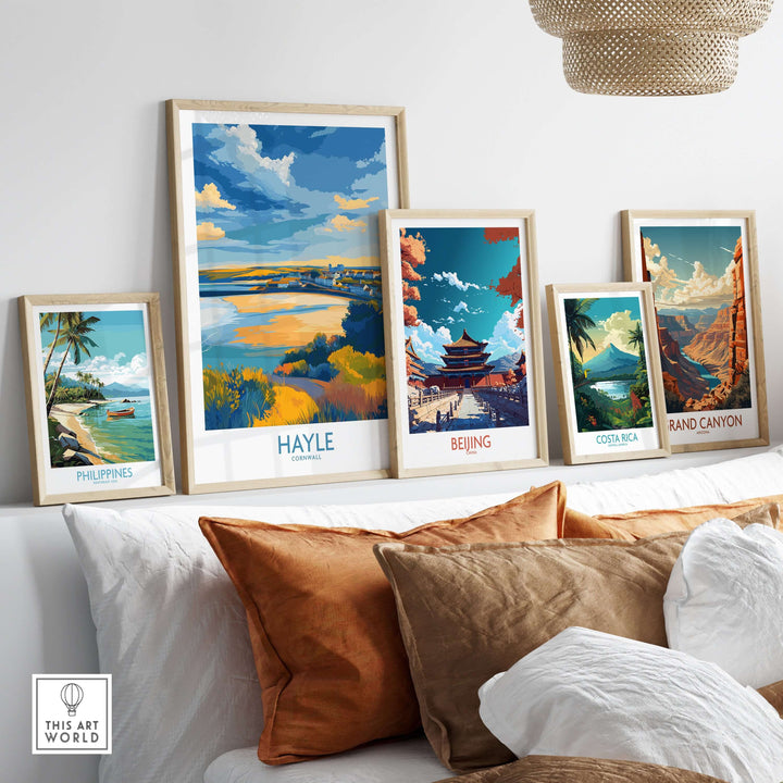 Gallery of travel posters featuring Hayle, Philippines, Beijing, Costa Rica, and Grand Canyon displayed in a stylish living room.