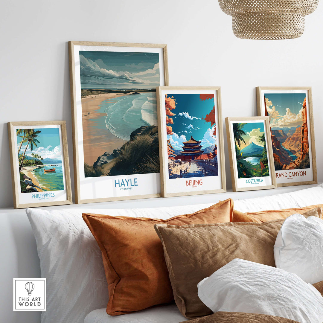 Framed travel posters featuring Hayle Sandy Beach, Philippines, Beijing, and Costa Rica decor on a stylish wall.
