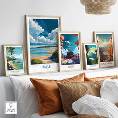 Hayle Wall Art - Cornish Nature Decor displayed among various travel posters, showcasing vibrant landscapes and colors.