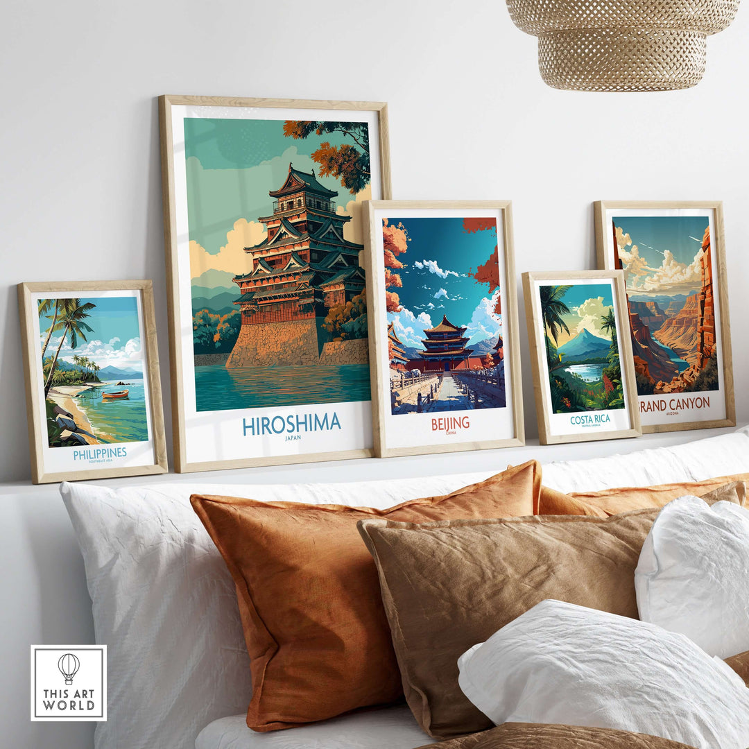 Hiroshima Japan wall art featuring traditional landmarks and vibrant nature scenes in stylish frames.