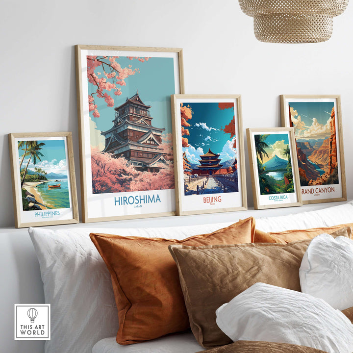 Hiroshima cherry blossom wall art print displayed among other travel posters on a stylish wall.
