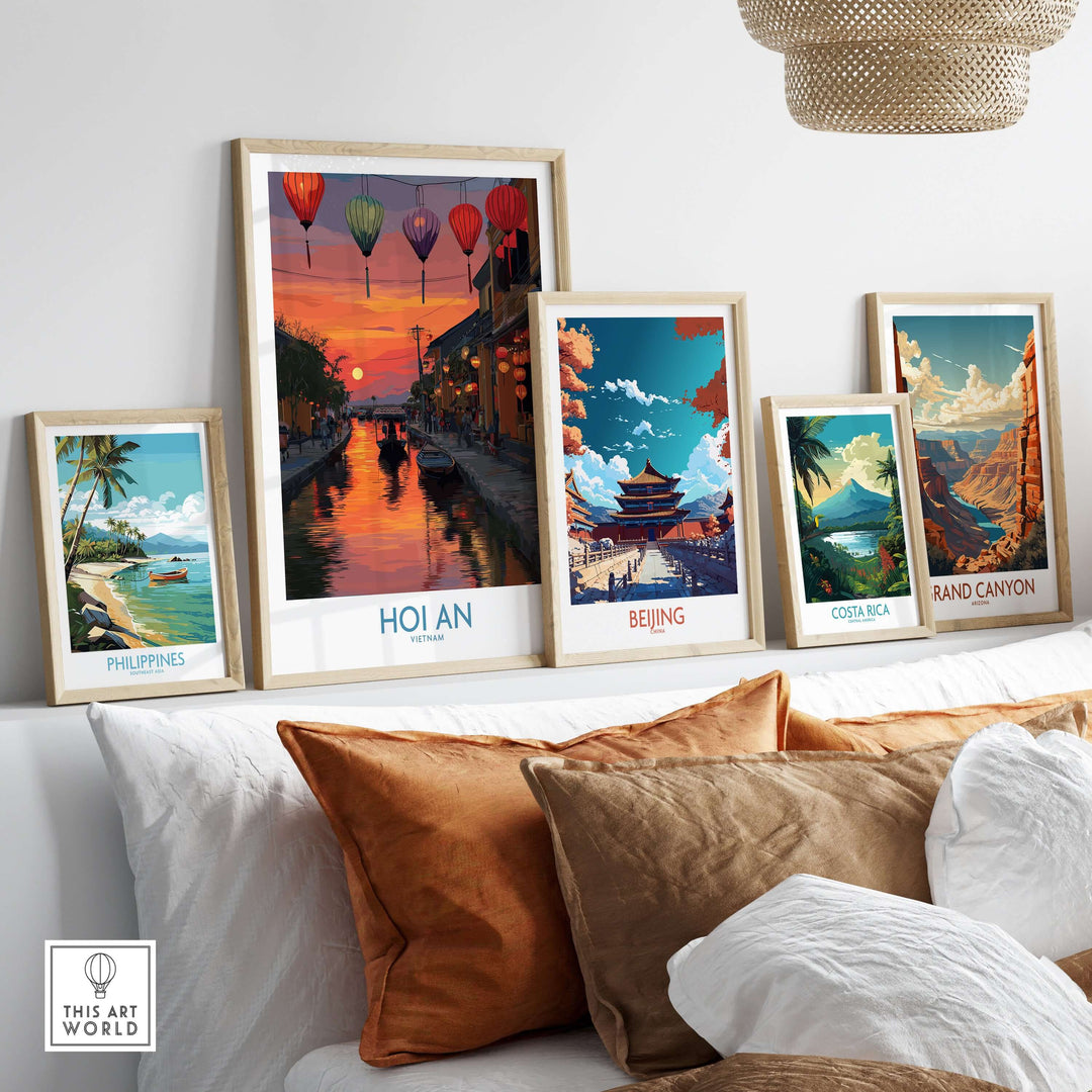 Gallery wall featuring Hoi An, Beijing, Costa Rica, and Philippines wall art posters in stylish frames.